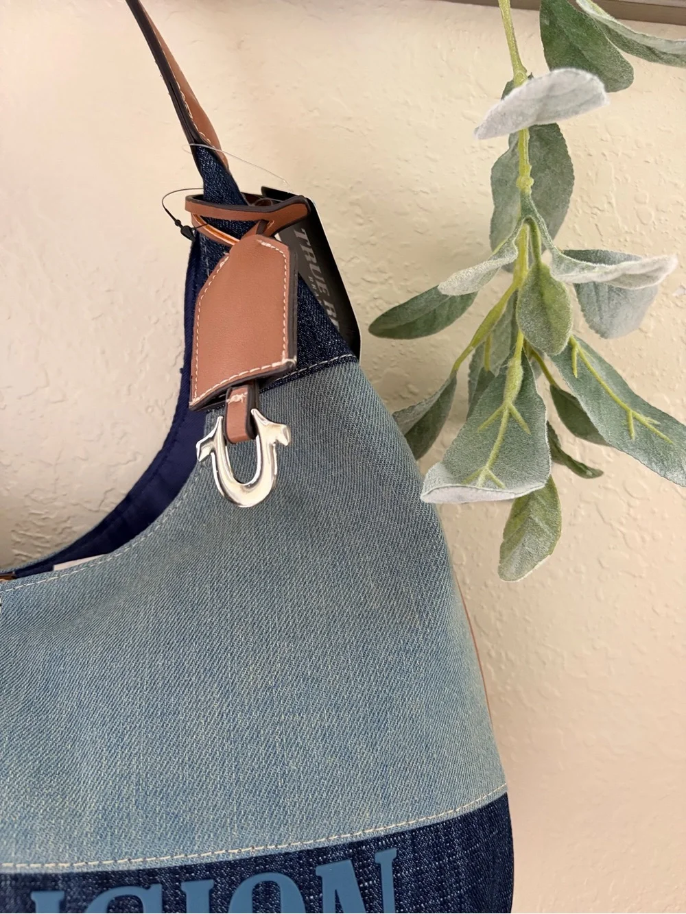 True Religion Denim Patchwork Hobo Shoulder Bag Horseshoe Charm
